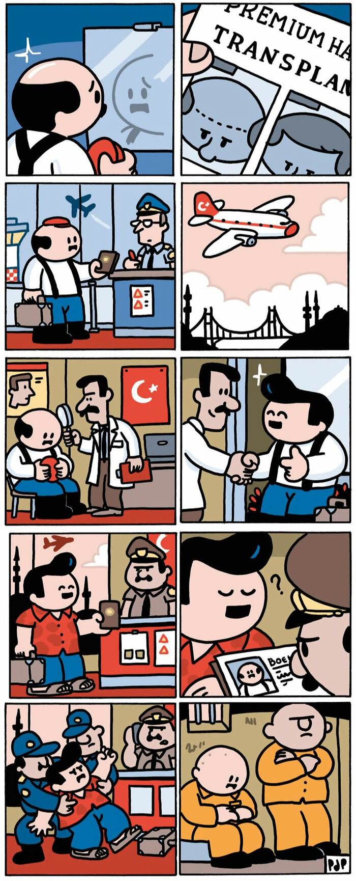 Comic strip by Pieter De Poorter using brutally funny comedy to turn tragedy into a punchline with a cartoon style.