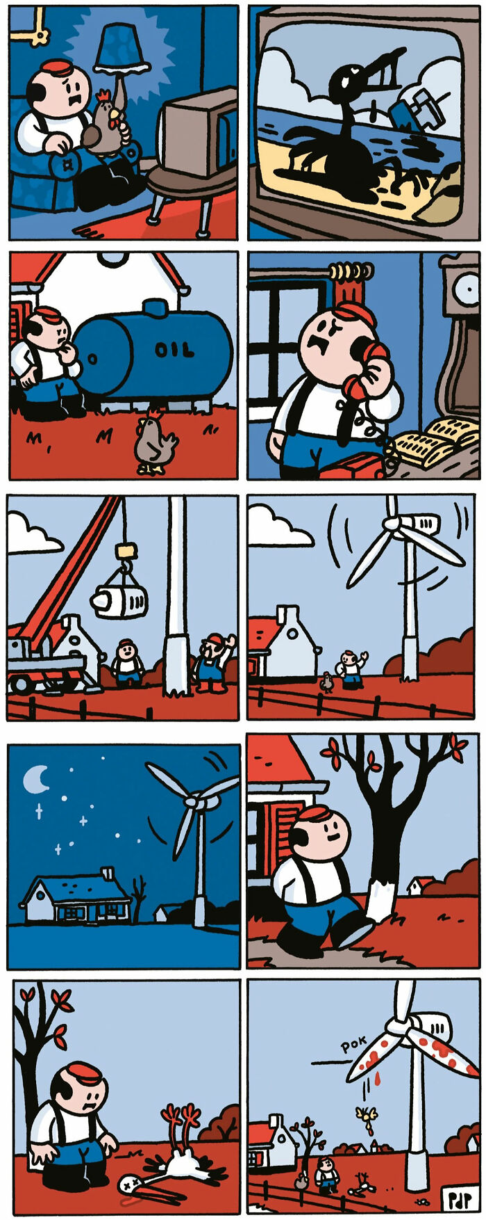 Comic panels by Pieter De Poorter showing a darkly humorous story turning tragedy into a punchline with funny, brutal visuals.