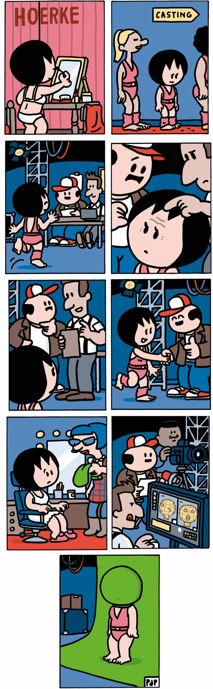 Comic strip depicting a casting process with a character facing rejection, highlighting dark humor in funny comics.