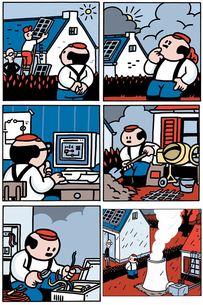 Comic panels showing a man installing solar panels, working on a computer, digging, and building with electrical wiring in a funny style.