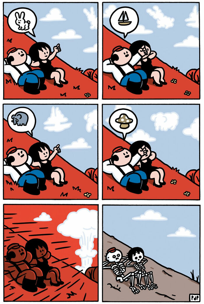 Two characters lying on a hill in a brutally funny comic illustrating tragedy turned into a punchline by Pieter De Poorter.