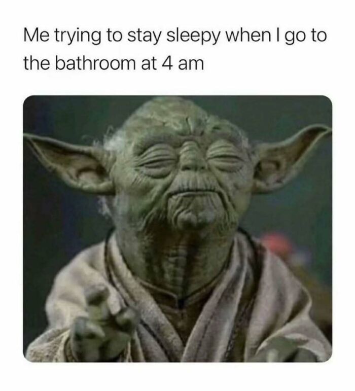 Relatable energy meme featuring Yoda trying to stay sleepy while going to the bathroom at 4 am with a focused expression.