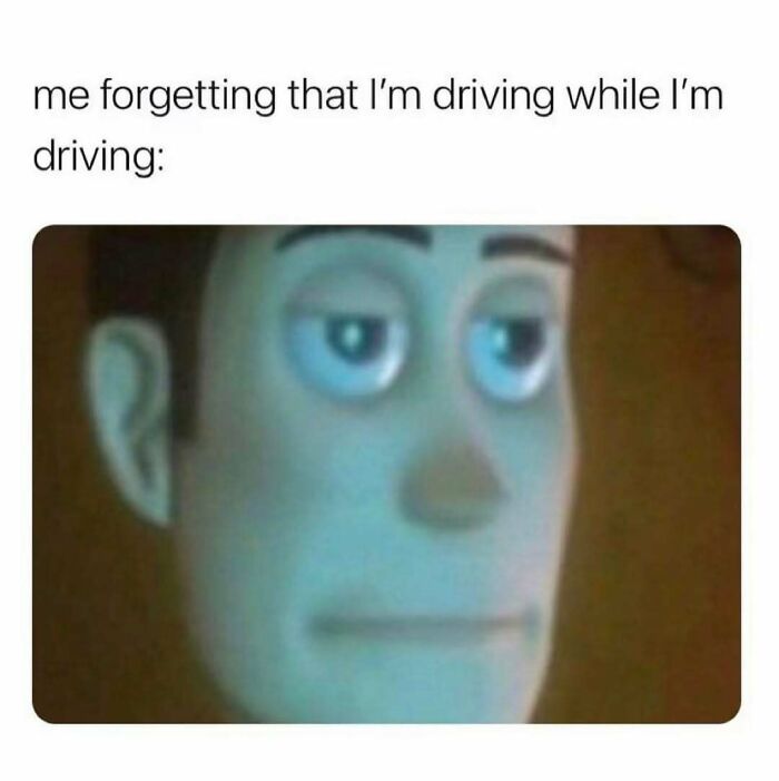 Meme showing relatable energy with a tired animated face captioned forgetting you’re driving while driving.