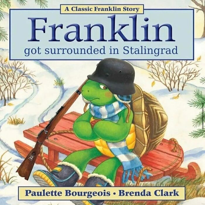 Illustration of a turtle in winter gear with a helmet and rifle, a humorous history meme about Stalingrad.