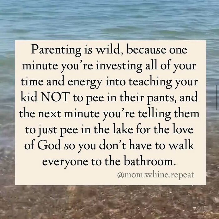 Funny mom post about the wild reality of parenting and finding sanity breaks in everyday life by the lake.