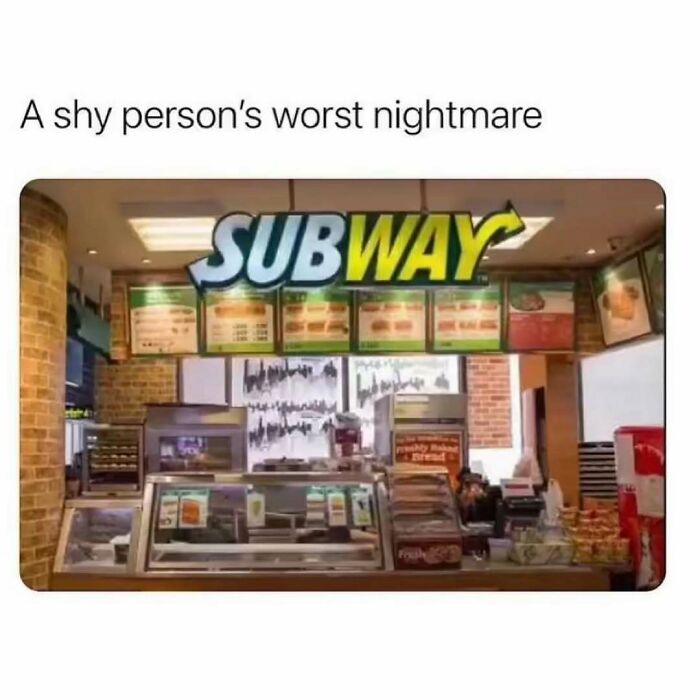 Empty Subway sandwich shop counter with menu in background, illustrating relatable energy in a humorous meme.