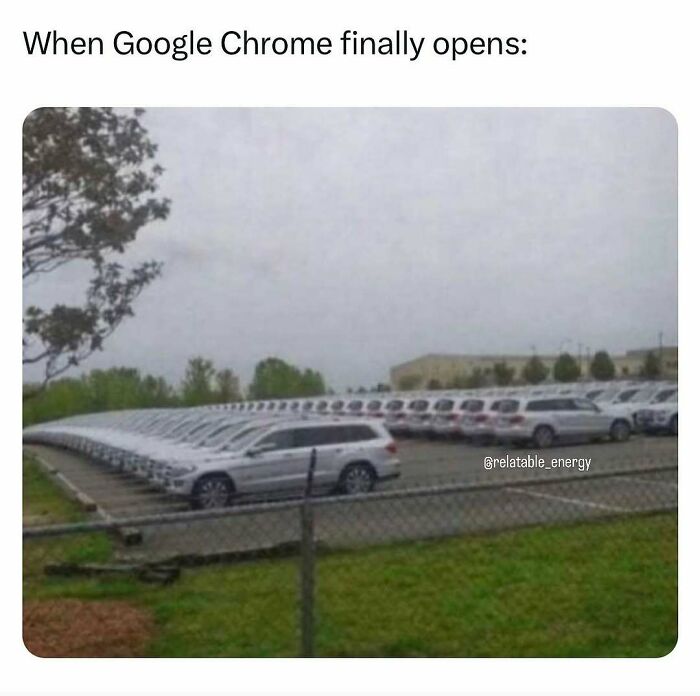 A parking lot filled with identical cars illustrating relatable energy of slow loading times like Google Chrome finally opening.