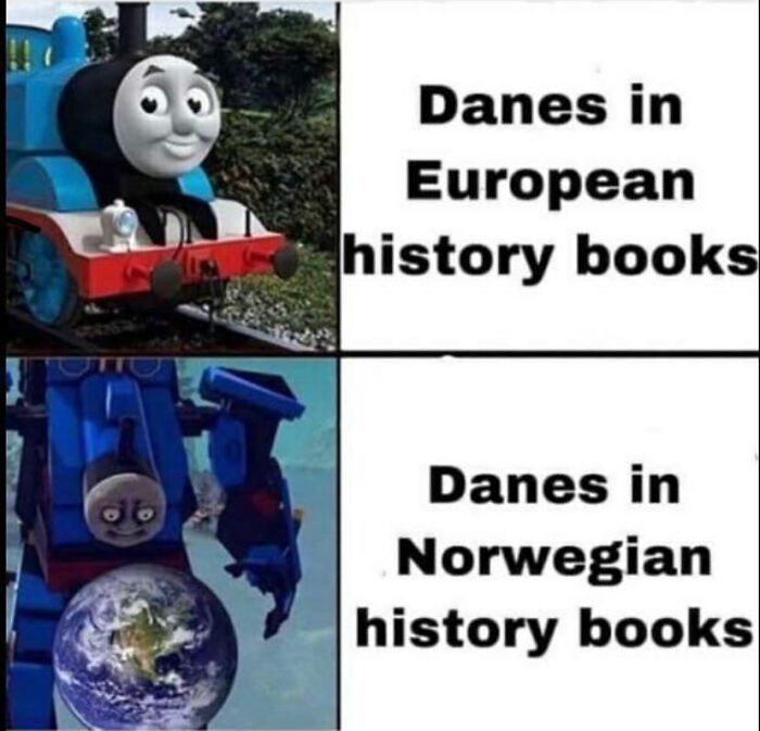 Meme comparing Danes in European history books as friendly train Thomas and in Norwegian history books as a giant robot with Earth.