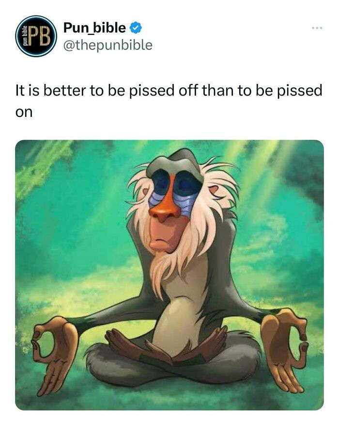 Pun meme featuring a meditating cartoon monkey with a humorous wordplay caption about being pissed off or on.