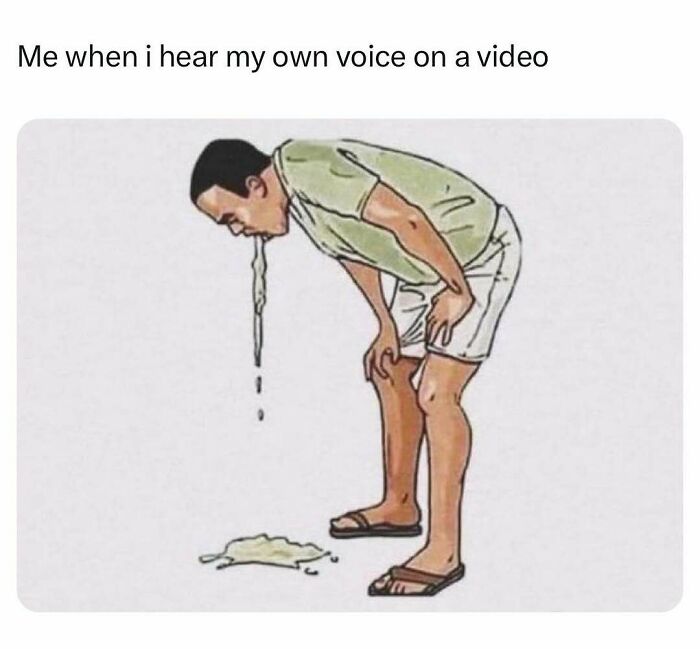 Man in shorts and sandals bent over vomiting, illustrating relatable energy meme about hearing own voice on video.