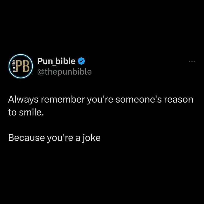 Pun bible tweet with a hilarious pun meme saying you're someone's reason to smile because you're a joke, showcasing wordplay comedy.