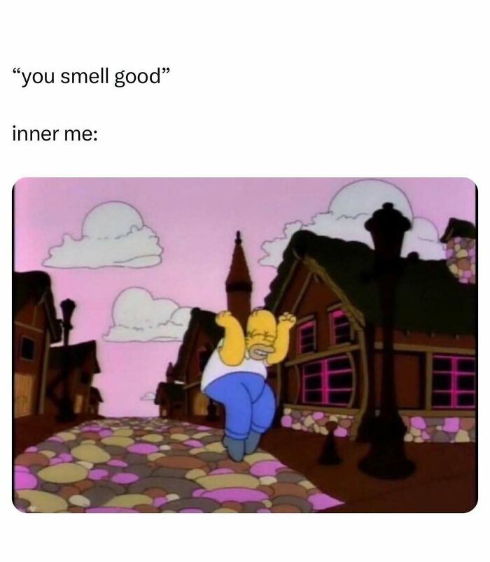 Homer Simpson joyfully jumping in a colorful street scene, capturing relatable energy in a funny meme format.