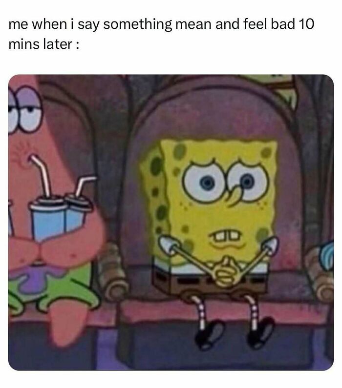 SpongeBob looking anxious and regretful while sitting next to Patrick, capturing relatable energy in memes.