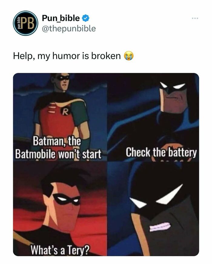 Batman and Robin meme pun about Batmobile not starting, showcasing hilarious wordplay humor in a popular comedy meme format.