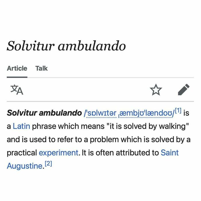 Wikipedia snippet showing Latin phrase Solvitur ambulando meaning solved by walking in funny and interesting Wikipedia articles.