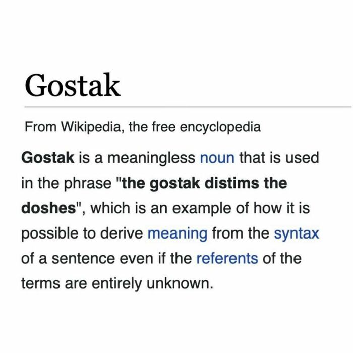 Snippet from a random Wikipedia article explaining the meaningless noun Gostak and language syntax.