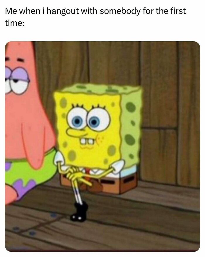 SpongeBob sitting nervously with Patrick nearby, illustrating relatable energy in awkward social moments meme.