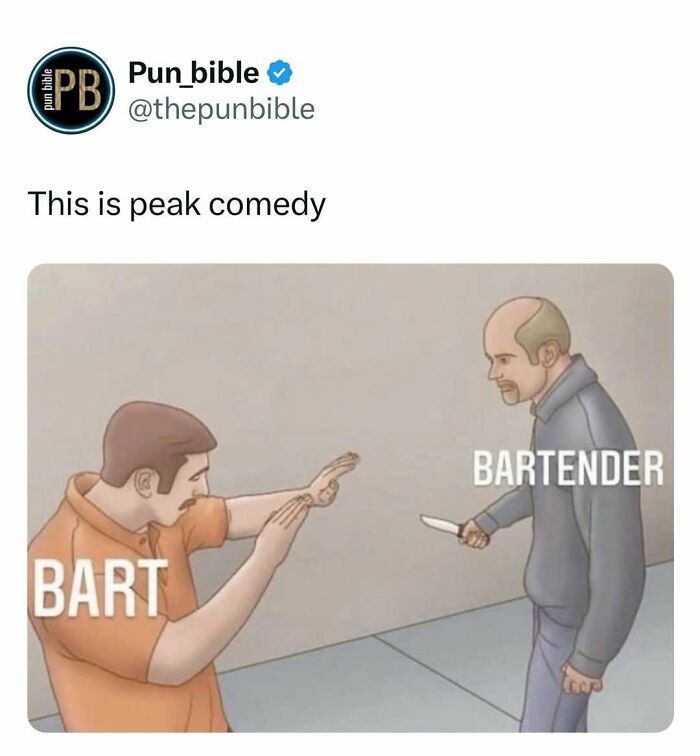 Pun meme showing a humorous wordplay between the characters labeled Bart and Bartender in a comedic scene.