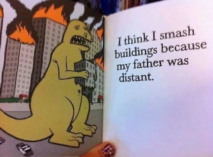 Cartoon dinosaur smashing buildings with text meme reflecting intellectual humor and emotional depth in memes for intellectuals.