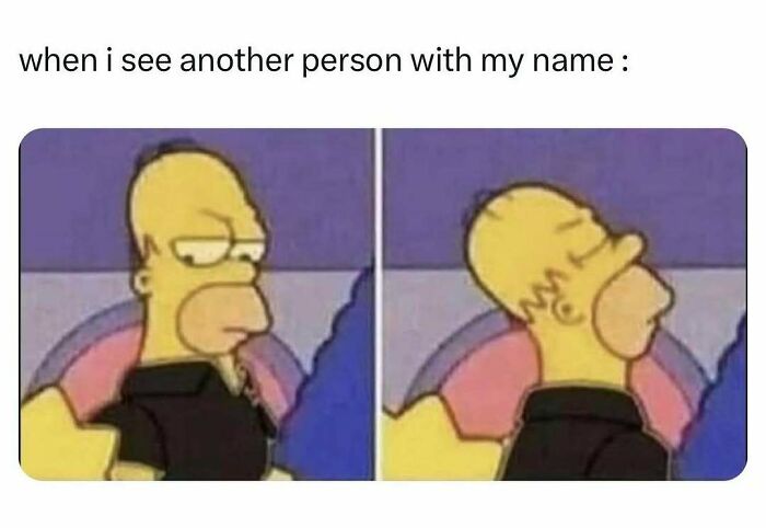 Image of Homer Simpson looking suspicious and then smug, illustrating relatable energy in a funny meme about seeing someone with the same name.