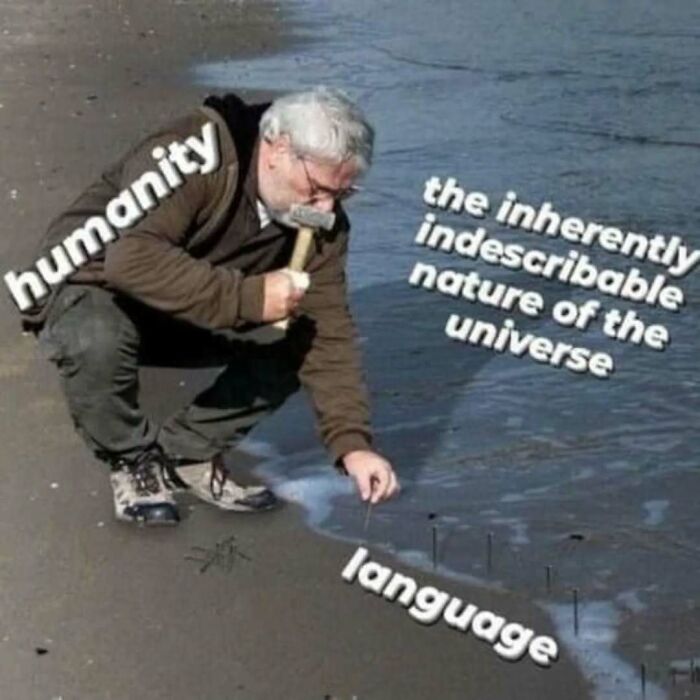 Man labeled humanity trying to hammer nails labeled language into sand by ocean labeled universe, intellectual memes concept.