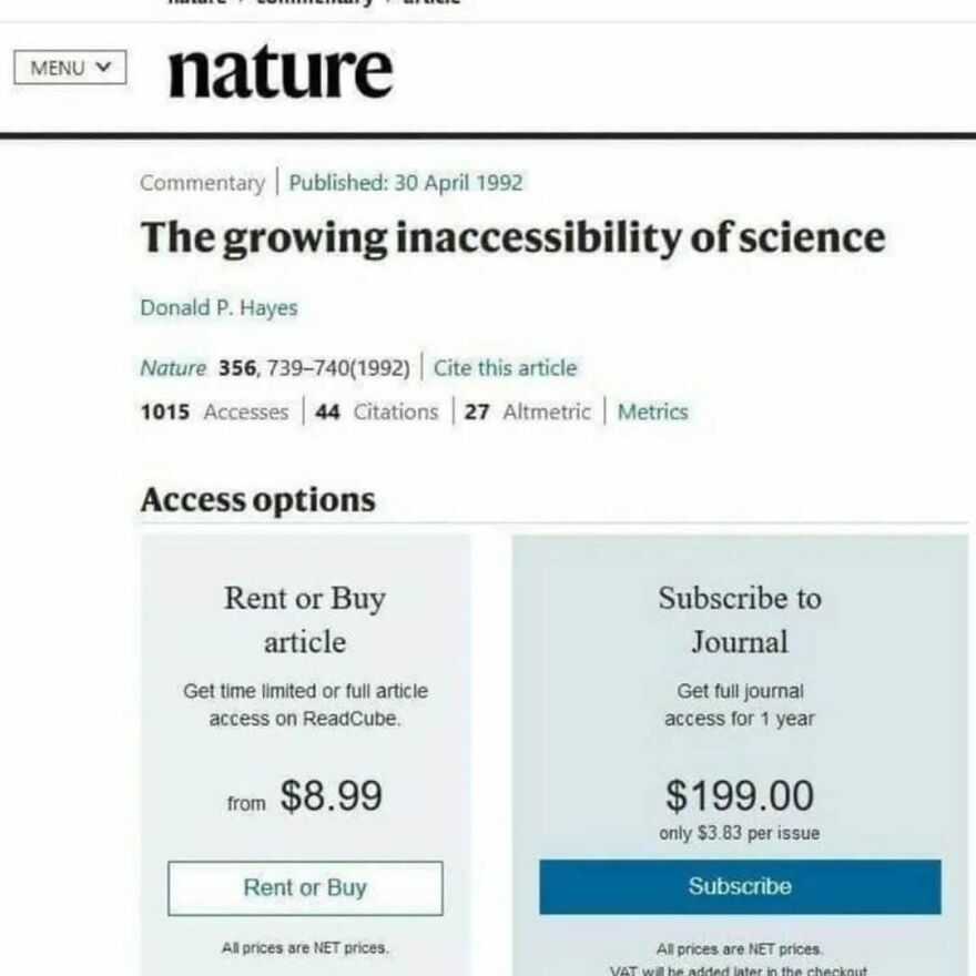 Screenshot of Nature article page discussing science access options with price details, a weird bizarre yet hilarious pic double take moment