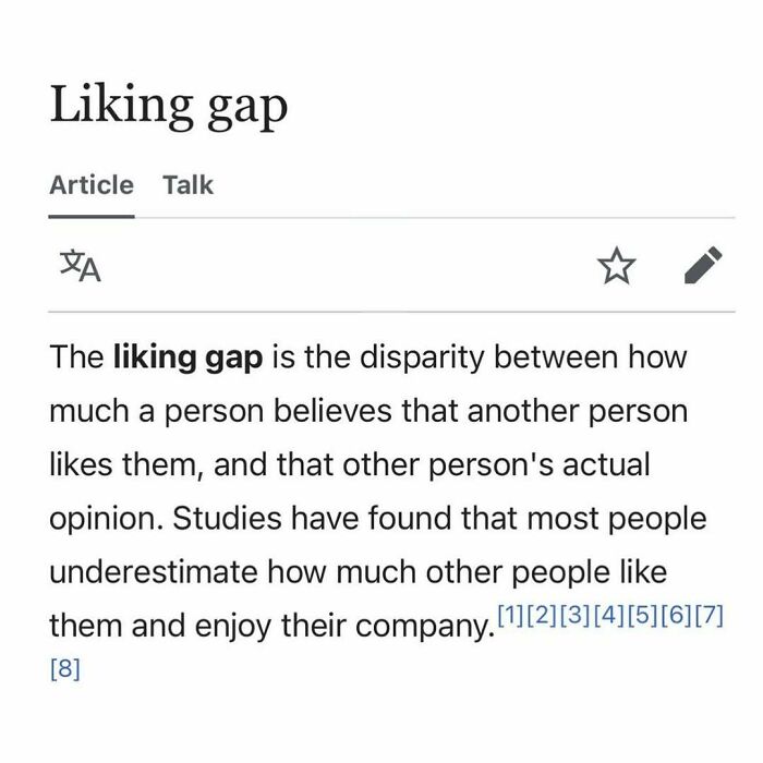 Snippet from a Wikipedia article explaining the liking gap and how people underestimate others' true opinions about them.