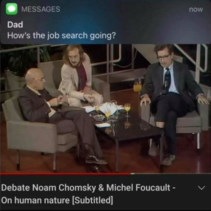 Three intellectuals in a formal debate setting with a humorous message about job search, mocking intellectual memes.