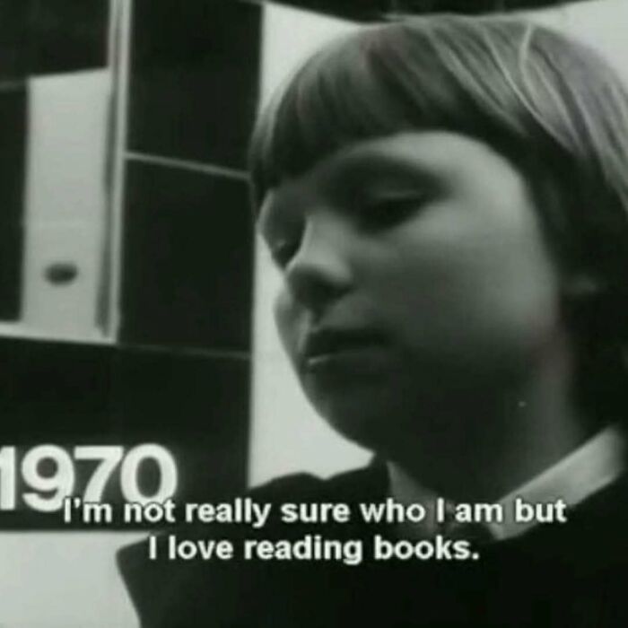Black and white image of a child with caption about loving books, reflecting intellectual humor and meme culture.