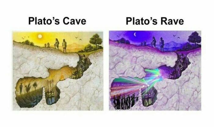 Side-by-side intellectual memes showing Plato’s Cave concept contrasted with a colorful Plato’s Rave scene.