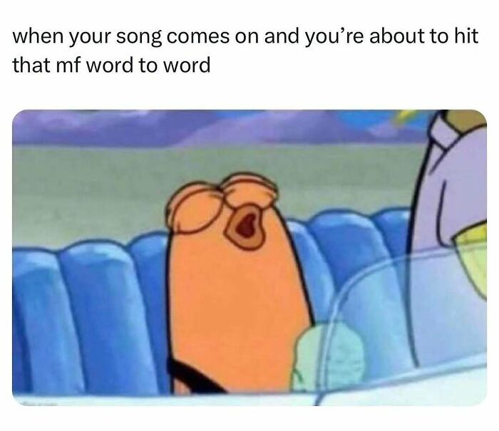 Cartoon character singing passionately in a car, capturing relatable energy in hilarious meme moments.