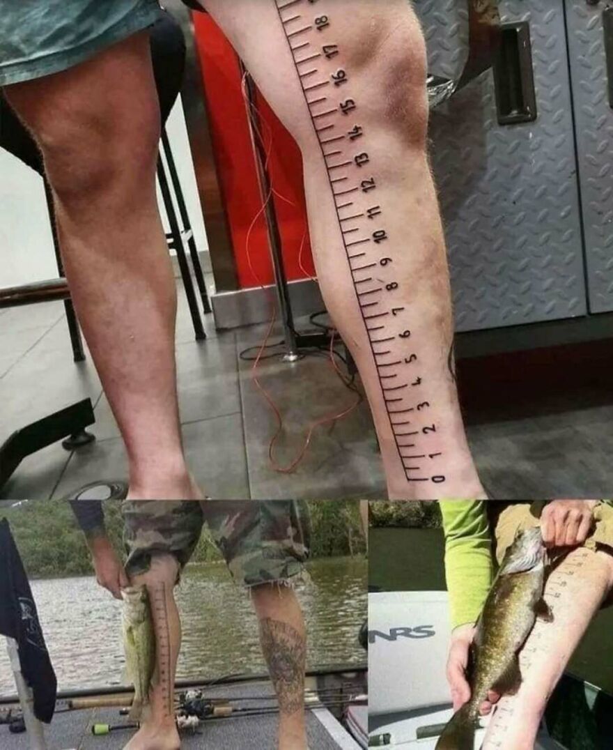 Leg tattoos of a measuring ruler used to measure fish length, featuring bizarre yet hilarious designs for a double take.