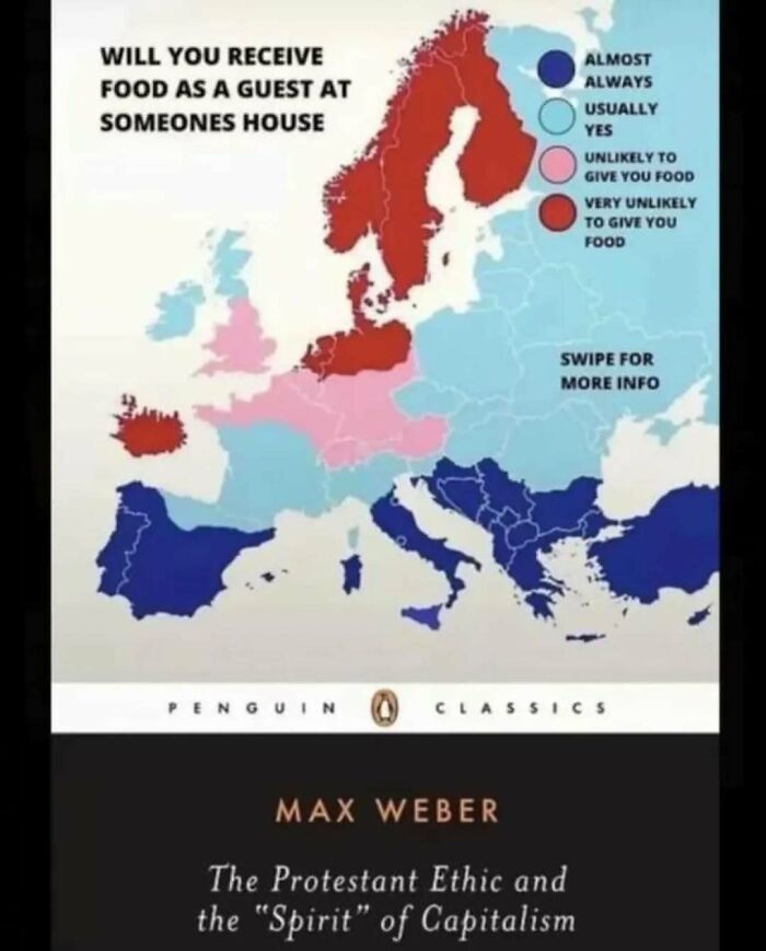 Europe map showing likelihood of receiving food as a guest by country, featured in intellectual memes for thoughtful audiences.