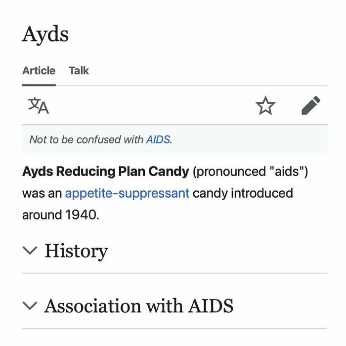 Screenshot of a Wikipedia article featuring a funny and interesting snippet about Ayds appetite-suppressant candy.