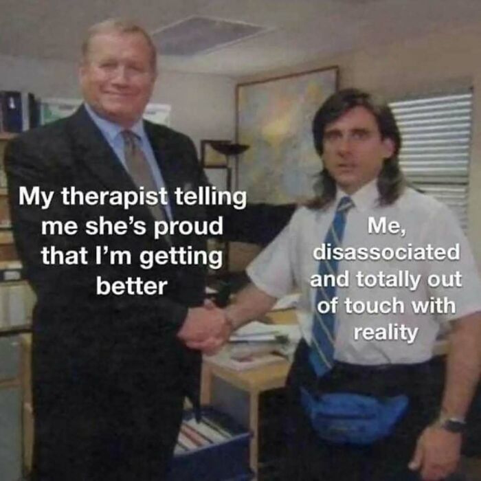Therapist and patient shaking hands meme, illustrating disassociation and humor appreciated by intellectuals in memes.