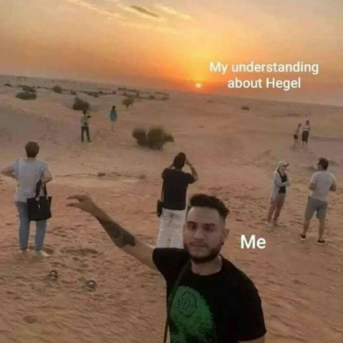 Man humorously pretending to hold the sunset labeled as understanding about Hegel, featured in intellectual memes.