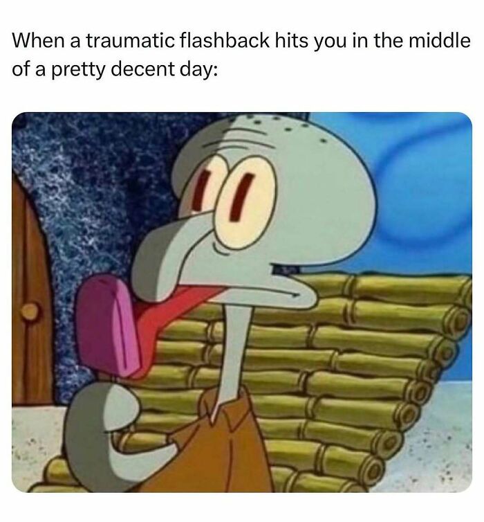 Squidward from SpongeBob with a shocked expression and tongue out, illustrating relatable energy in a funny moment.