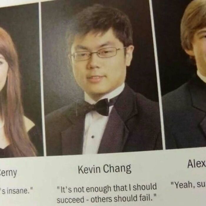 Yearbook photo of a young man in glasses and tuxedo with a humorous intellectual meme caption.