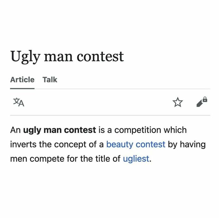 Screenshot of a Wikipedia snippet explaining an ugly man contest as a funny and interesting Wikipedia article.