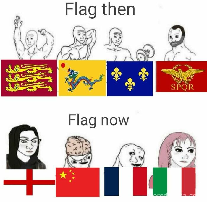 Comparison meme showing historical and modern flags with characters, highlighting changes in history memes about the past and flags.