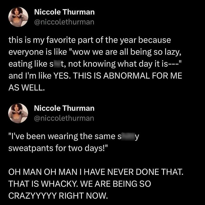 Tweet from Niccole Thurman humorously describing the chaos and laziness many moms feel, a funny mom post for a sanity break.