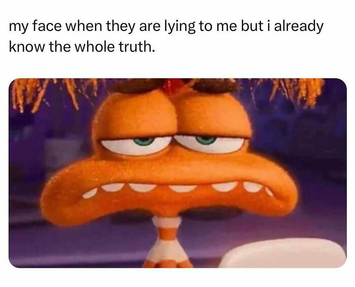Meme showing relatable energy with a skeptical animated character expressing knowing the whole truth.