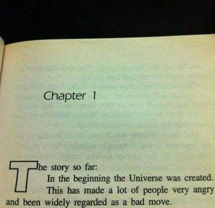 Page from a book humorously summarizing the universe creation, appealing to intellectuals with witty meme-style text.