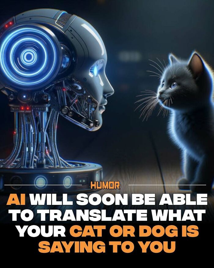 Futuristic AI robot looking at a cat, illustrating new knowledge and facts about AI translating pet communication.