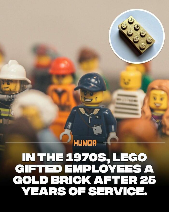 LEGO gold brick awarded to employees for 25 years of service, a fun fact for brain craving new knowledge seekers.