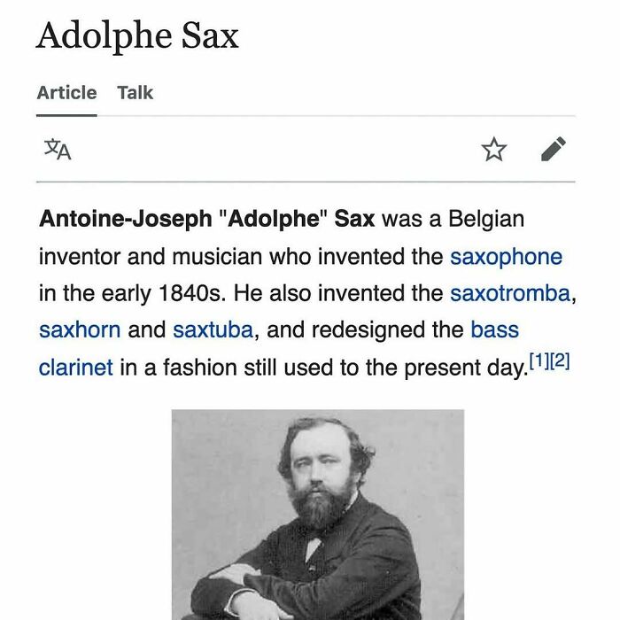 Screenshot of a Wikipedia article snippet about Adolphe Sax, highlighting interesting random Wikipedia facts.