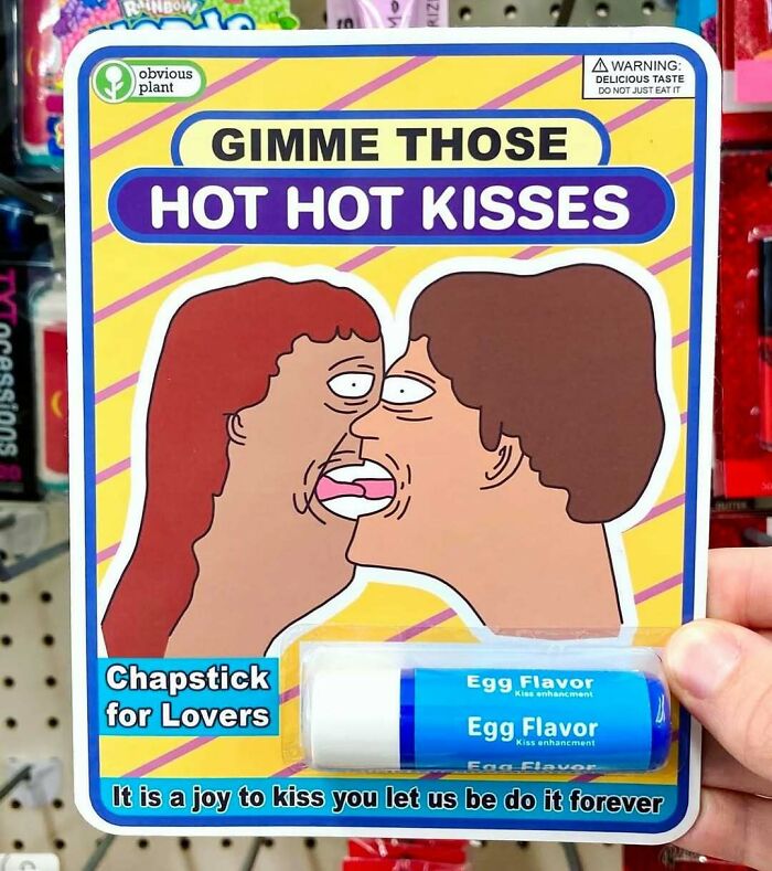 Fake chapstick product parody titled Hot Hot Kisses with egg flavor, part of guy sneaks fake products into real stores.
