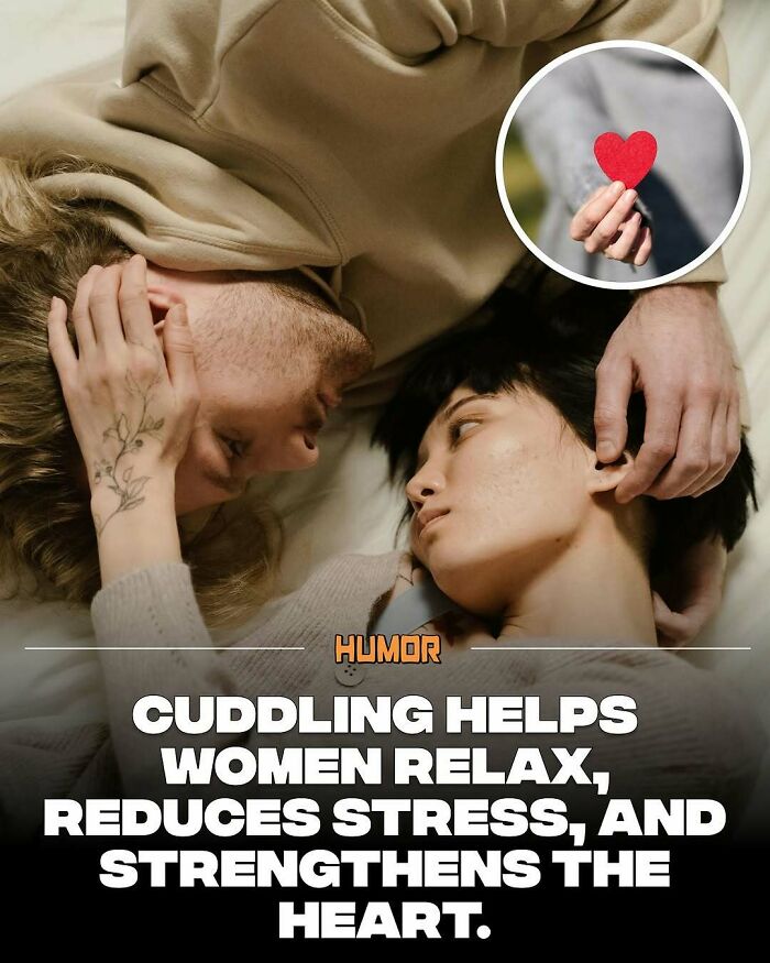 Couple cuddling in bed with text about facts that help relax, reduce stress, and strengthen the heart for new knowledge seekers.