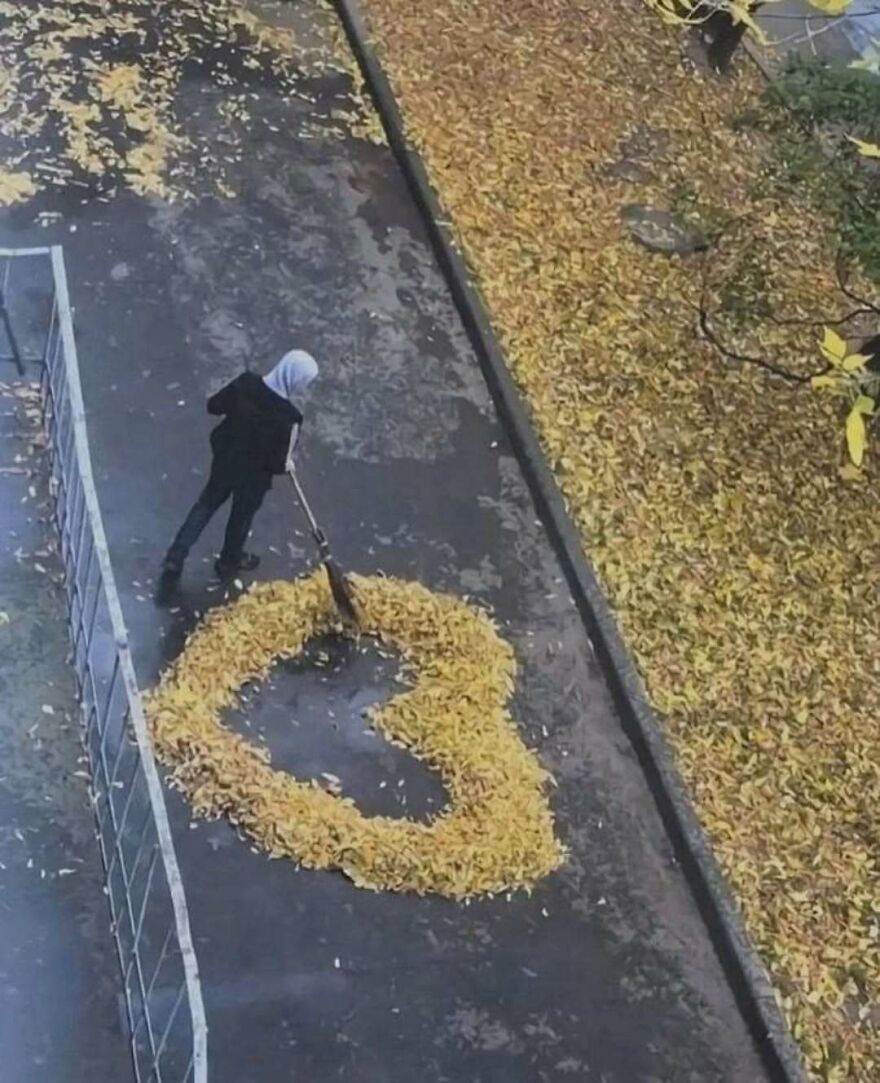 Person sweeping autumn leaves into a heart shape on pavement, a bizarre yet hilarious outdoor scene.