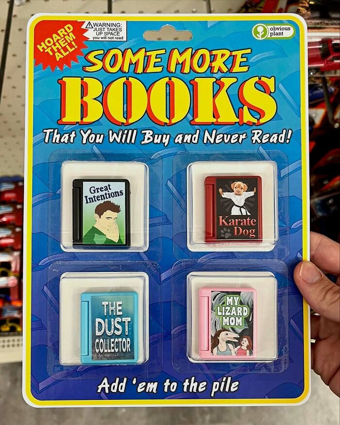 Package of fake miniature books with humorous titles, sneaked into real stores as part of a funny fake product prank.